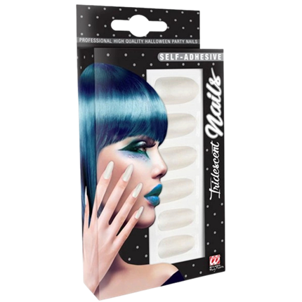 Set de 12 Ongles Blancs Irisés Auto-Adhésifs – Faux Ongles pour Déguisement &amp; Soirée
