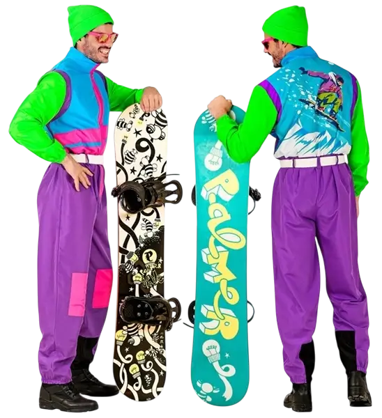 Combinaison Snowboarder années 80 bleu-vert fluorescent – déguisement rétro avec ceinture - M