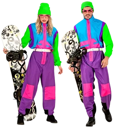 Combinaison Snowboarder années 80 bleu-vert fluorescent – déguisement rétro avec ceinture - M