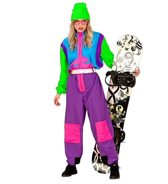 Combinaison Snowboarder années 80 bleu-vert fluorescent – déguisement rétro avec ceinture - XL