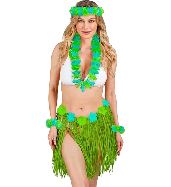 Kit hawaïen vert – jupe hula et accessoires pour soirée tropicale