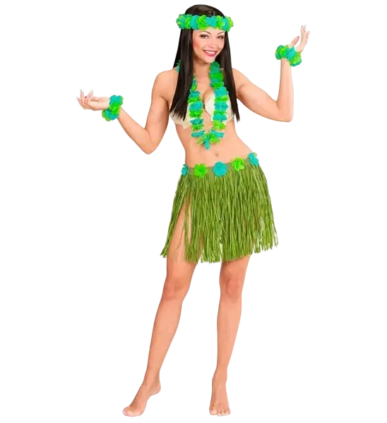 Kit hawaïen vert – jupe hula et accessoires pour soirée tropicale