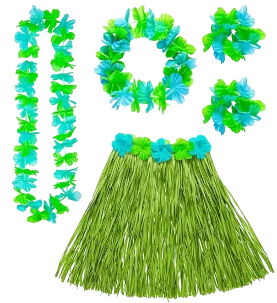 Kit hawaïen vert – jupe hula et accessoires pour soirée tropicale