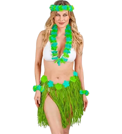 Kit hawaïen vert – jupe hula et accessoires pour soirée tropicale