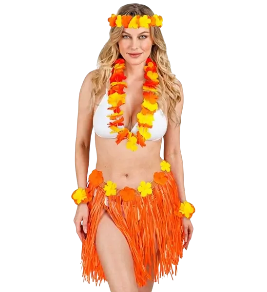 Kit hawaïen orange – jupe hula et accessoires pour soirée tropicale, déguisement hawaïenne orange