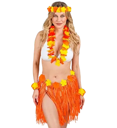 Kit hawaïen orange – jupe hula et accessoires pour soirée tropicale, déguisement hawaïenne orange