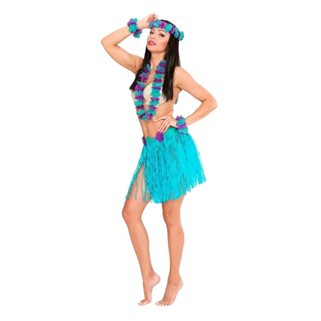 Kit hawaïen bleu – jupe hula et accessoires pour soirée tropicale