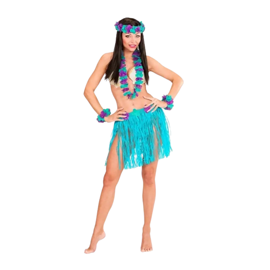 Kit hawaïen bleu – jupe hula et accessoires pour soirée tropicale