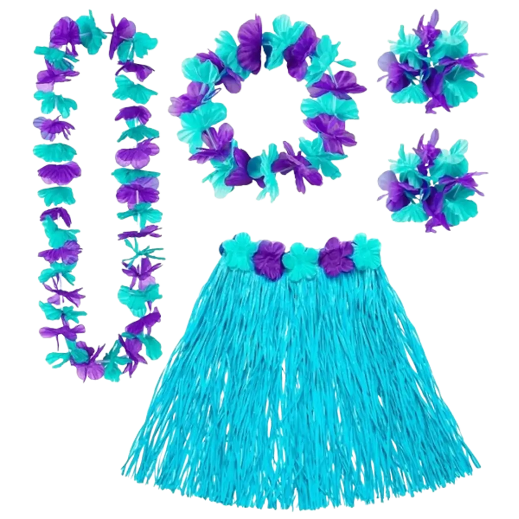 Kit hawaïen bleu – jupe hula et accessoires pour soirée tropicale