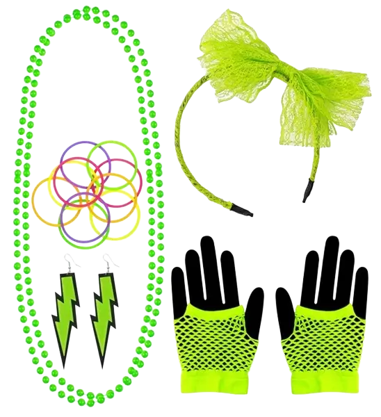 Kit d'accessoires mode années 80 vert fluo – bandeau, bijoux, mitaines et bracelets