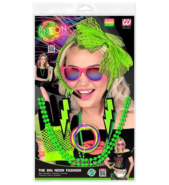 Kit d'accessoires mode années 80 vert fluo – bandeau, bijoux, mitaines et bracelets