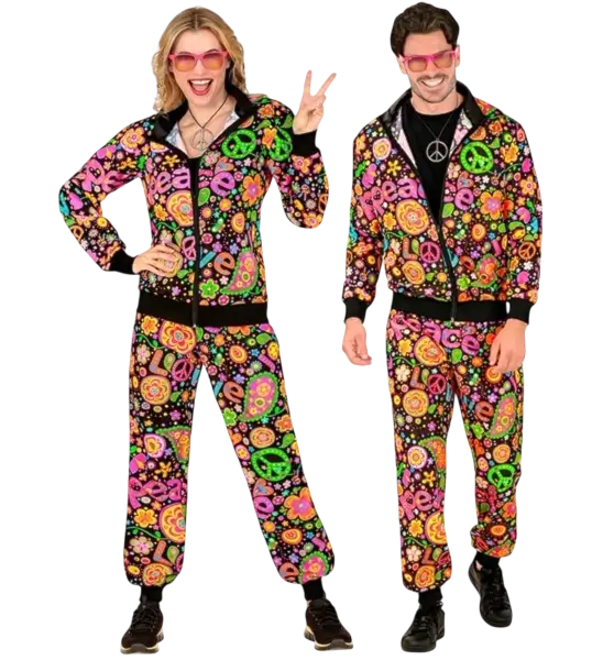 Déguisement hippie Peace &amp; Love fluo adulte – veste et pantalon années 70 - S