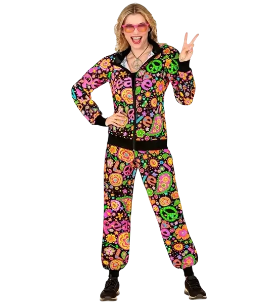 Déguisement hippie Peace &amp; Love fluo adulte – veste et pantalon années 70 - S