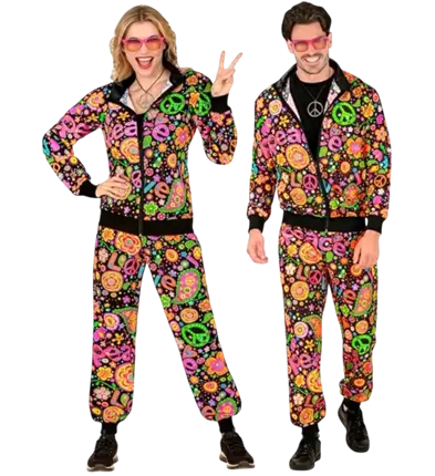 Déguisement hippie Peace &amp; Love fluo adulte – veste et pantalon années 70 - S