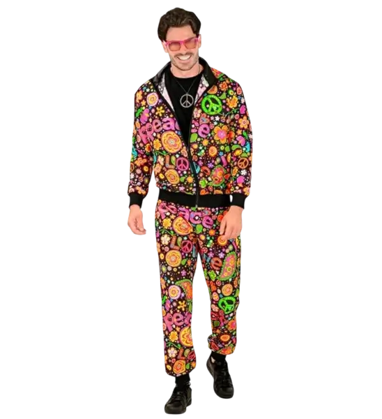 Déguisement hippie Peace &amp; Love fluo adulte – veste et pantalon années 70 - M
