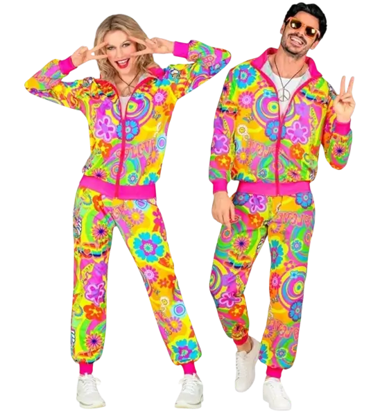 Déguisement hippie Groovy Love fluo pour adulte – veste et pantalon années 70 - L