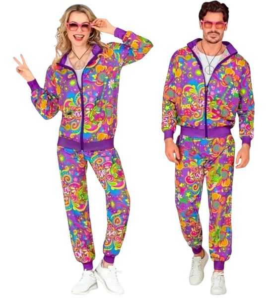 Déguisement hippie Flower Power fluo pour adulte – veste et pantalon années 70 - S