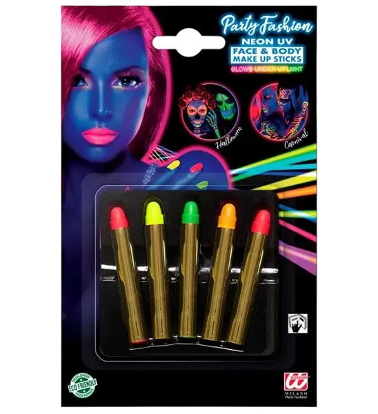 Set de 5 bâtons de maquillage fluo 15 g – maquillage fluorescent pour soirée, festival et carnaval