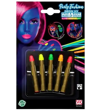 Set de 5 bâtons de maquillage fluo 15 g – maquillage fluorescent pour soirée, festival et carnaval