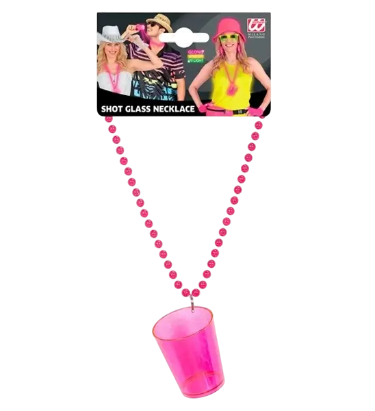 Collier verre à shot rose fluo – Accessoire festif pour soirées, EVJF et festivals
