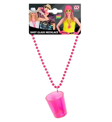 Collier verre à shot rose fluo – Accessoire festif pour soirées, EVJF et festivals