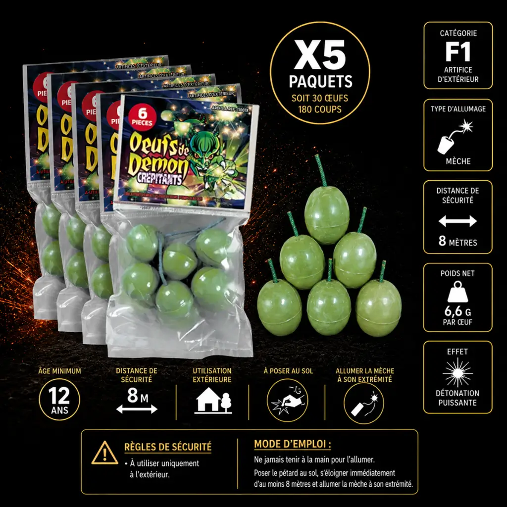 Lot de 5 paquets de Pétards 6 oeufs de démon crépitants