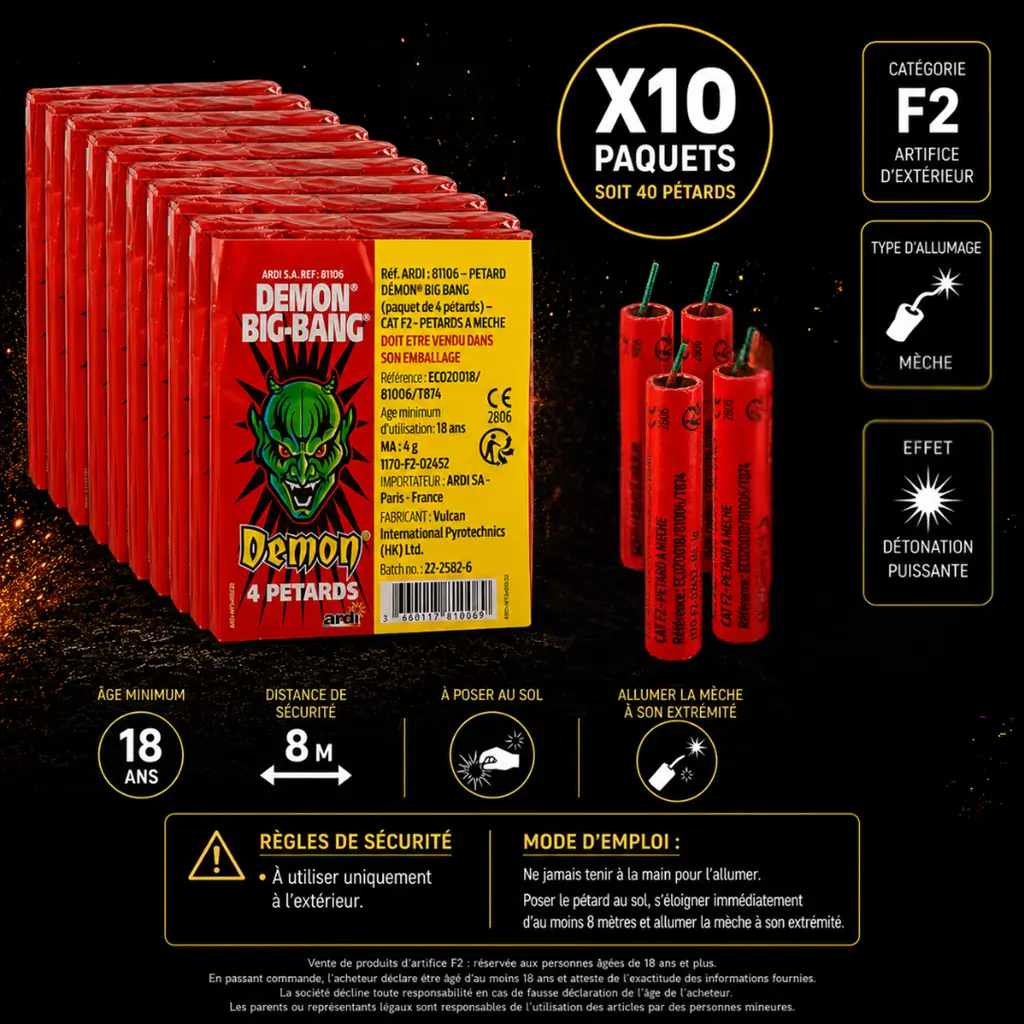 Lot de 10 paquets Pétards DÉMON® BIG-BANG® (4 unités/paquet)
