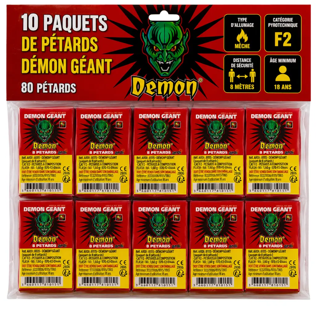 Lot de 10 paquets de Pétard DÉMON® GÉANT (paquet de 8 pièces chacun)