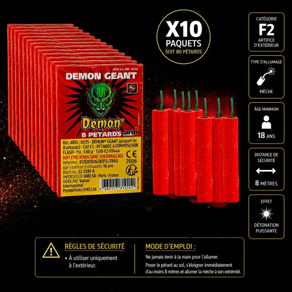 Lot de 10 paquets de Pétard DÉMON® GÉANT (paquet de 8 pièces chacun)
