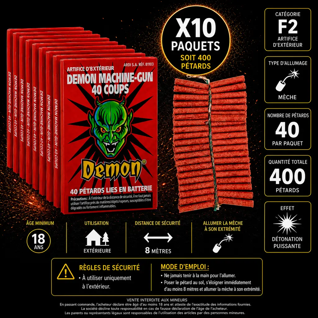 Lot de 10 Pétard DÉMON® MACHINE-GUN 40 COUPS