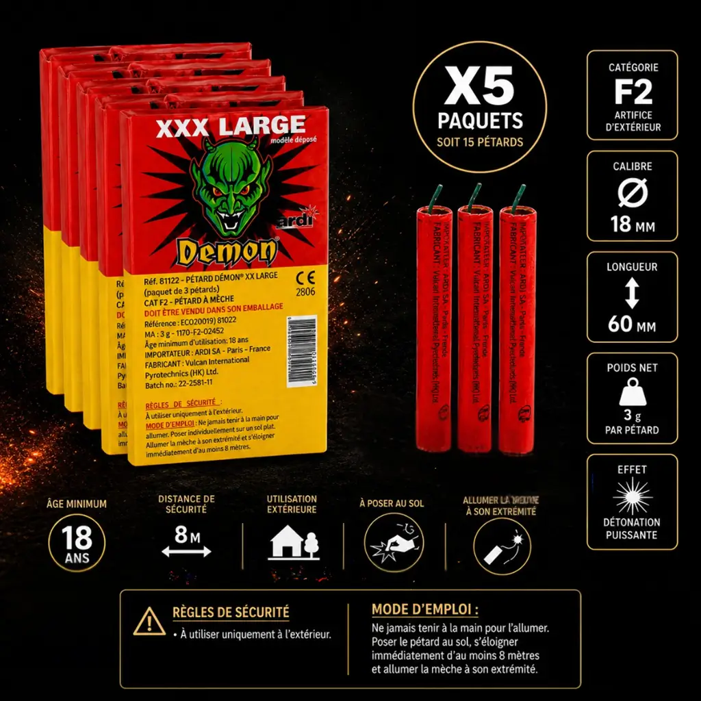 Lot de 5 paquets de Pétards DÉMON® XXLARGE (3 unités par paquet)