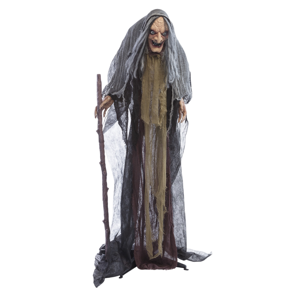 Sorcière Animée avec Canne 160 cm – Décoration Halloween Lumineuse et Sonore