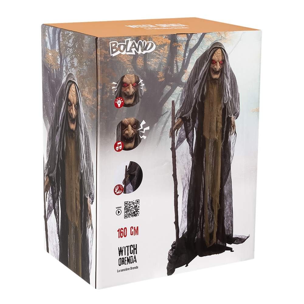 Sorcière Animée avec Canne 160 cm – Décoration Halloween Lumineuse et Sonore