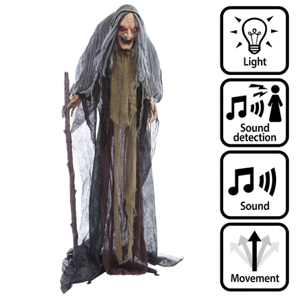 Sorcière Animée avec Canne 160 cm – Décoration Halloween Lumineuse et Sonore
