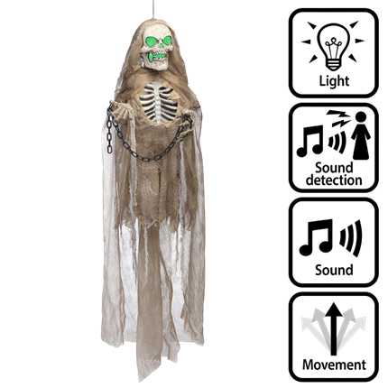 Poupée Squelette Animée Lumineuse et Sonore avec Chaînes 183 cm – Halloween