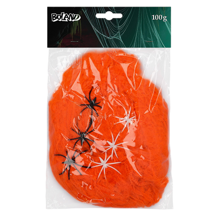 Toile d’Araignée Orange 100 g avec 6 Araignées UV – Halloween
