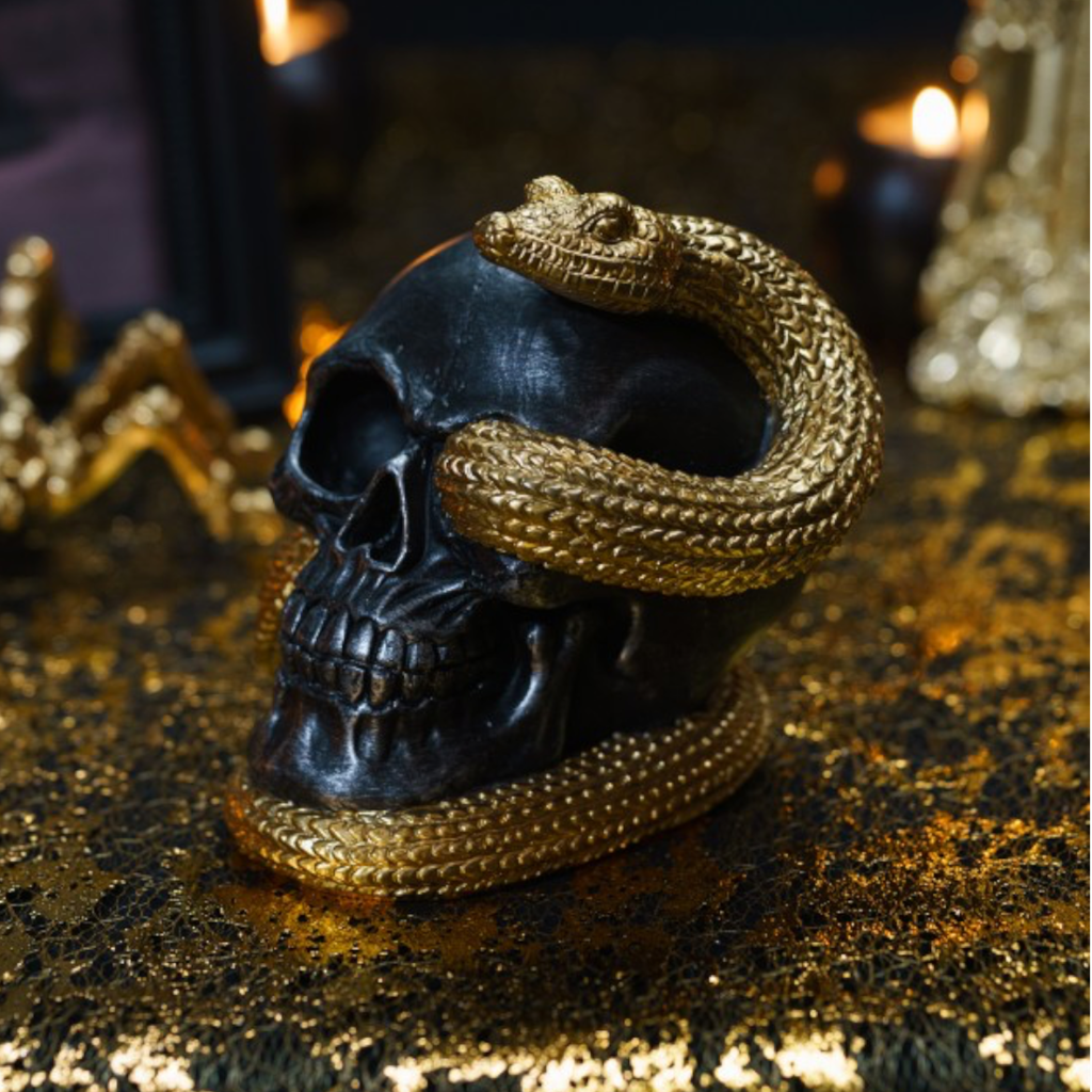 Crâne avec Serpent Doré 14,5 cm – Décoration Halloween