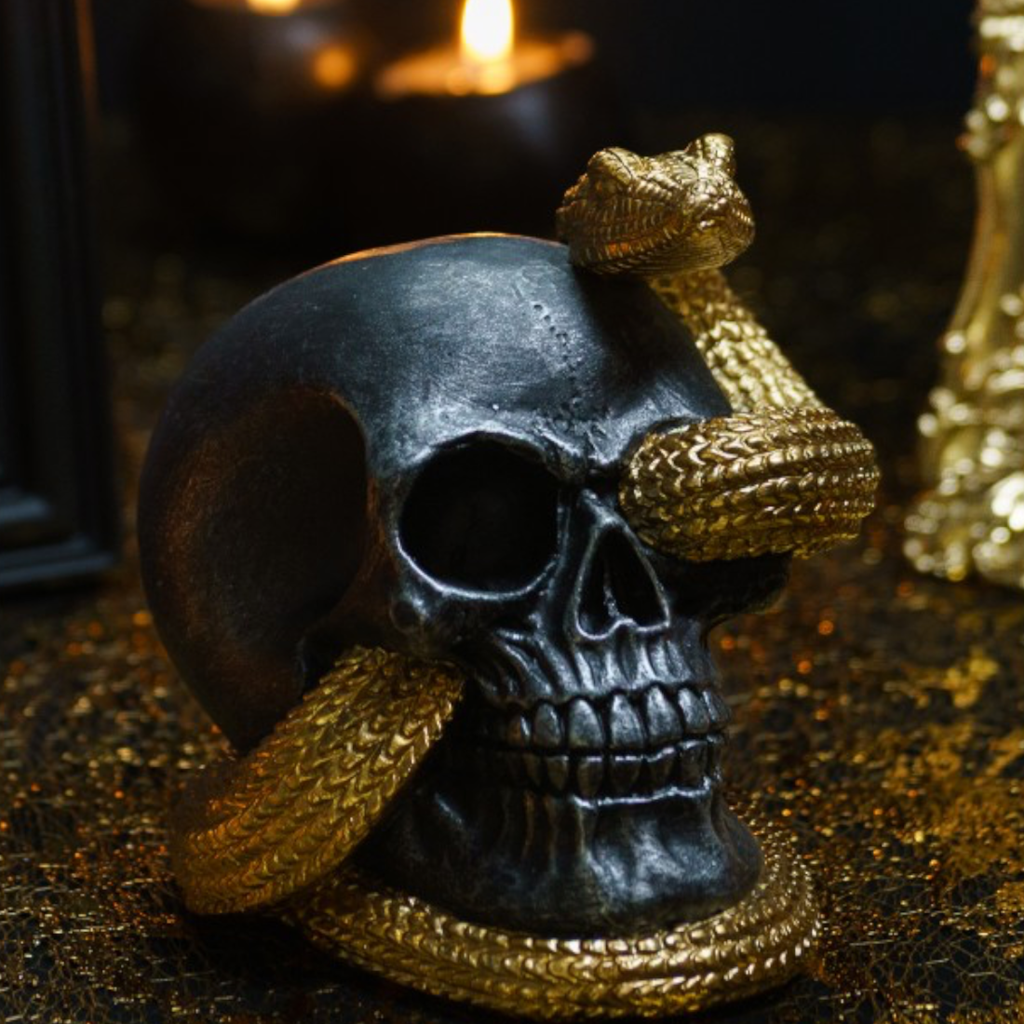 Crâne avec Serpent Doré 14,5 cm – Décoration Halloween