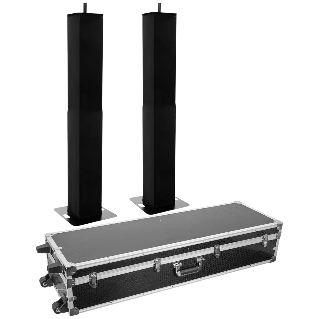 Pack de 2 totems extensibles 106 à 195 cm avec lycras noirs et flight case – Plugger