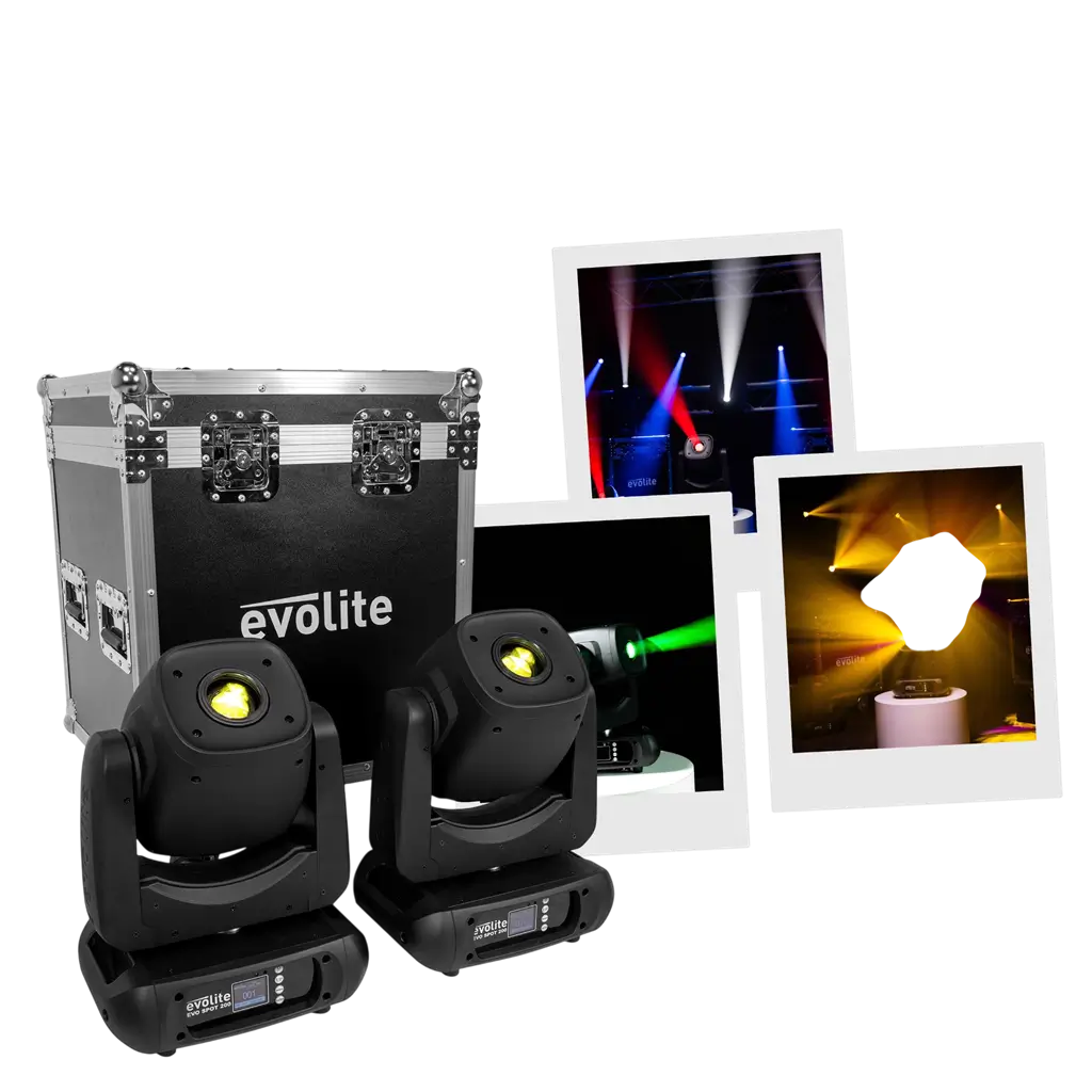 Pack de 2 lyres Spot LED 200 W haute luminosité avec flight case – Evolite