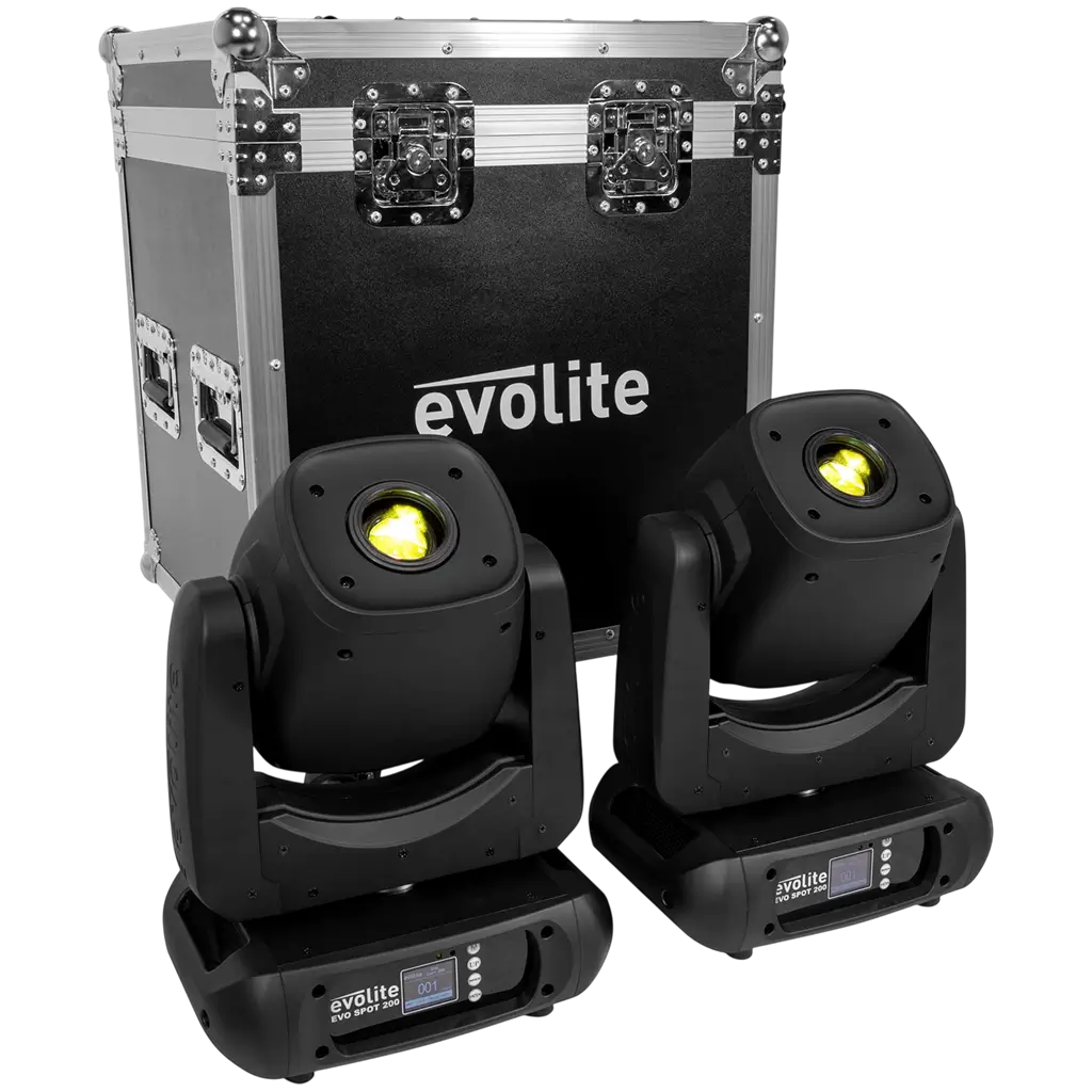 Pack de 2 lyres Spot LED 200 W haute luminosité avec flight case – Evolite